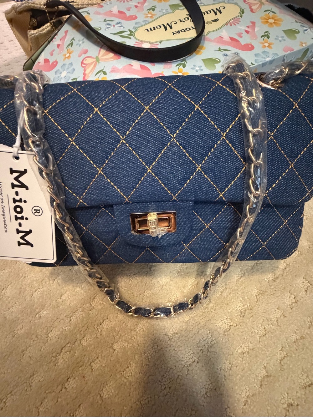 M-ioi-M Quilted Denim Blue Crossbody Bag with Chain Strap